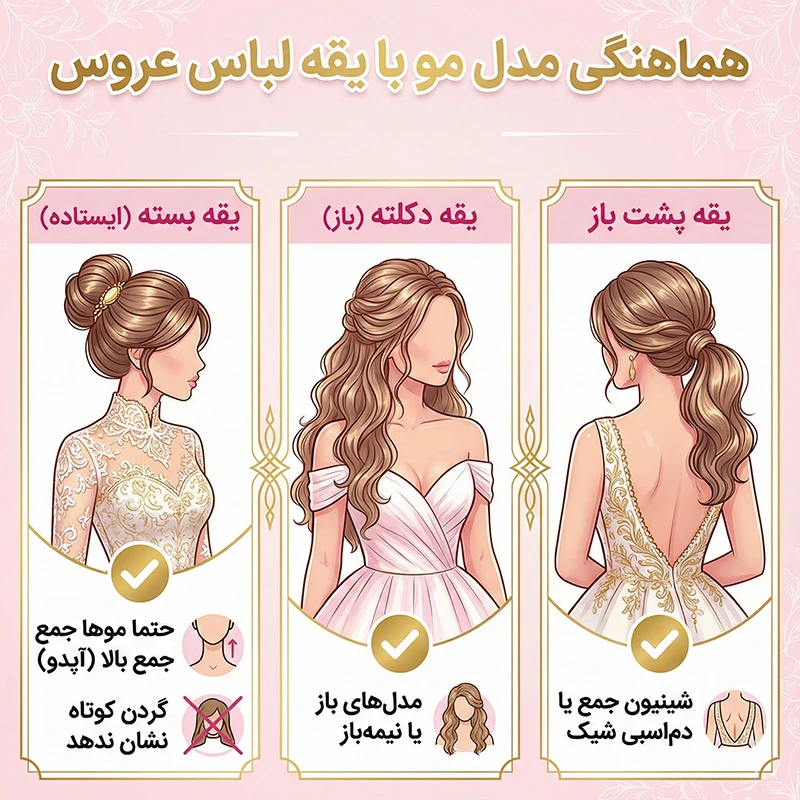 راهنمای انتخاب مدل موی عروس متناسب با فرم صورت 7 هماهنگی مدل مو با یقه لباس عروس